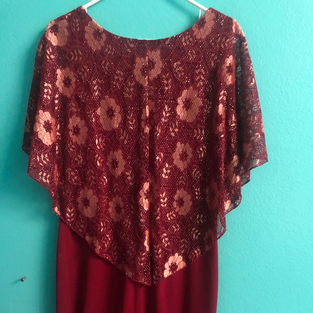 Red dress with attached flowery silver cover lace